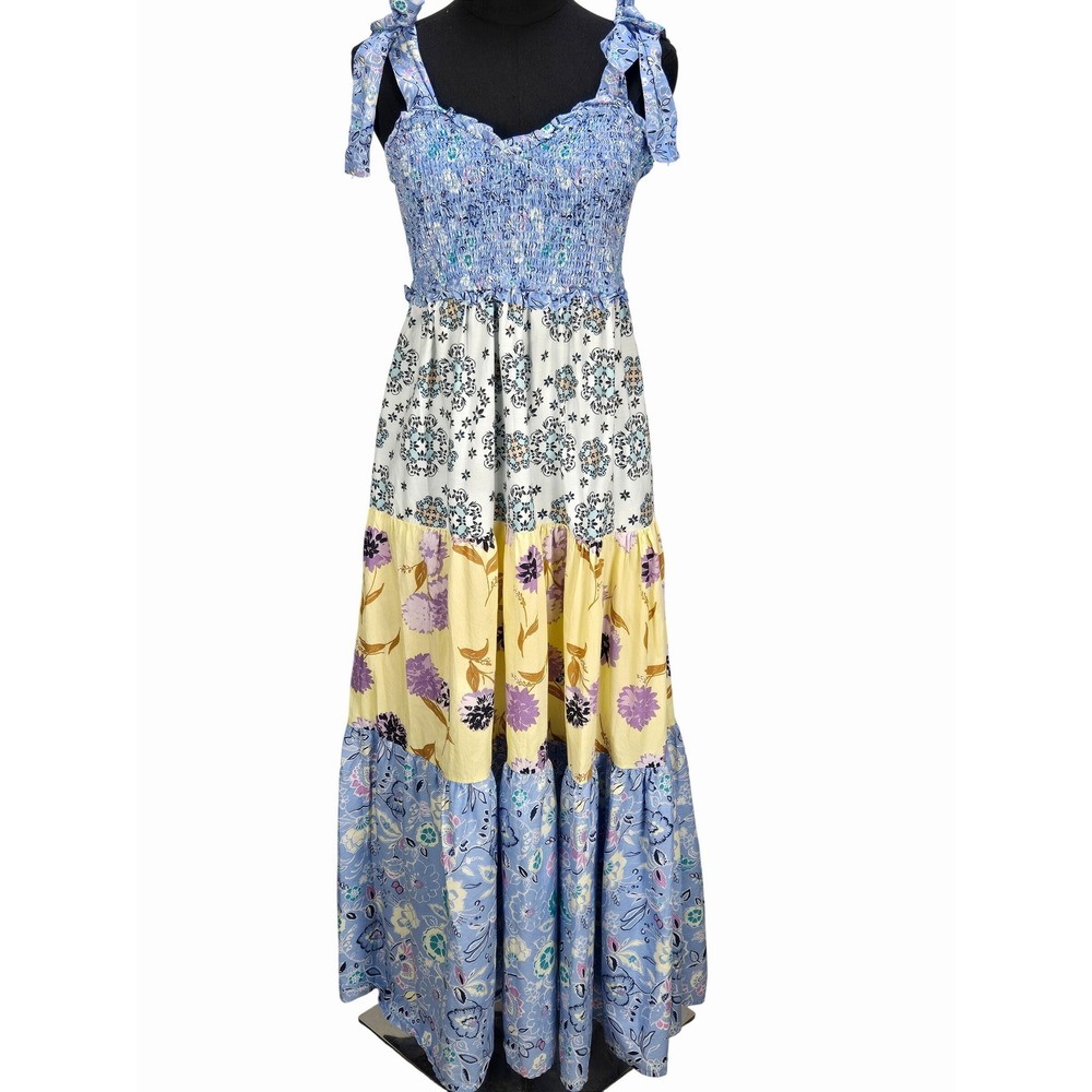 Women's Nanette Lepore Medium Patchwork Floral Tiered Smocked Maxi Dress Prairie